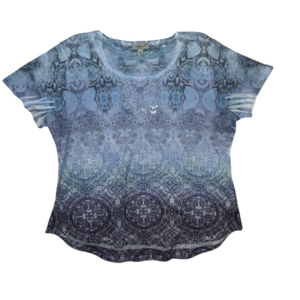 One World Embellished Studded Boho T-shirt Blue Purple Size 2X 90s Grunge